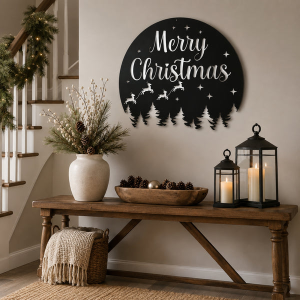 Merry Christmas Metal Wall Art – Reindeer & Pine Tree Holiday Sign
