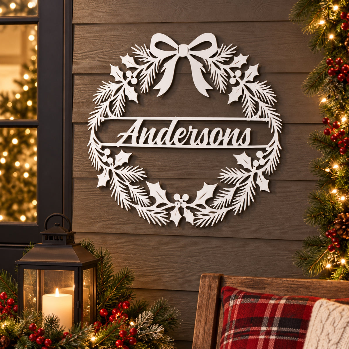 Personalized Christmas Wreath Metal Sign – Custom Family Name Holiday Decor