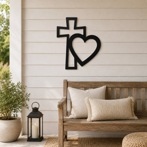 Cross & Heart Metal Wall Art – Christian Faith Love Decor
