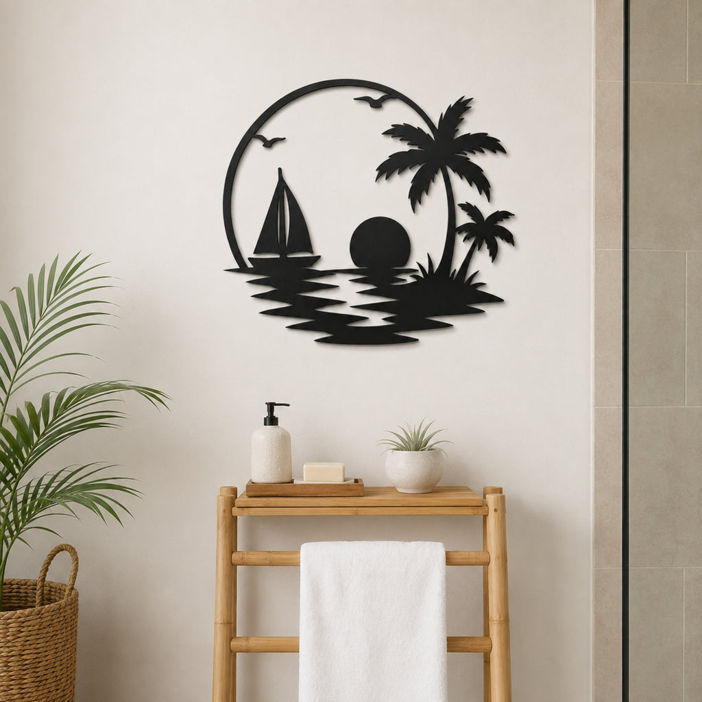 Tropical Sailboat Sunset Metal Wall Art – Palm Tree Coastal Decor