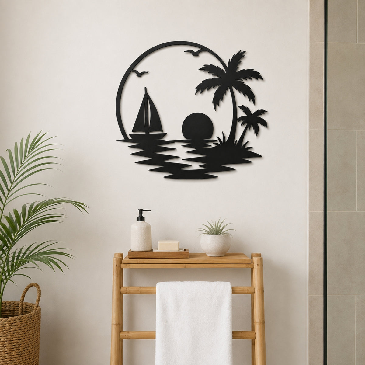 Tropical Sailboat Sunset Metal Wall Art – Palm Tree Coastal Decor