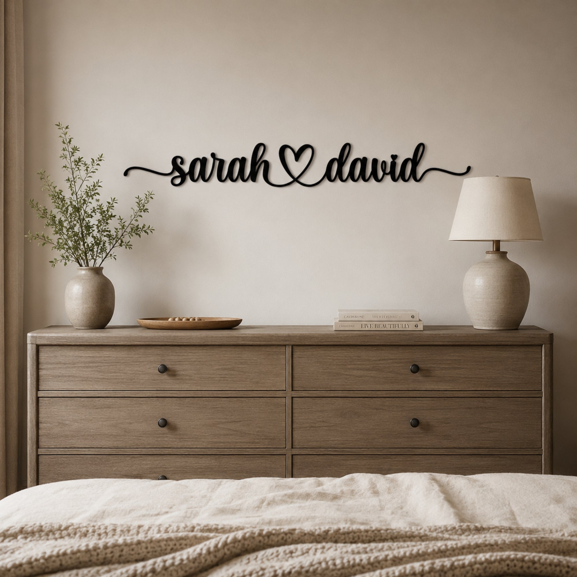 Personalized Couple Name Metal Sign with Heart – Romantic Script with Flourish Tails Secondary image