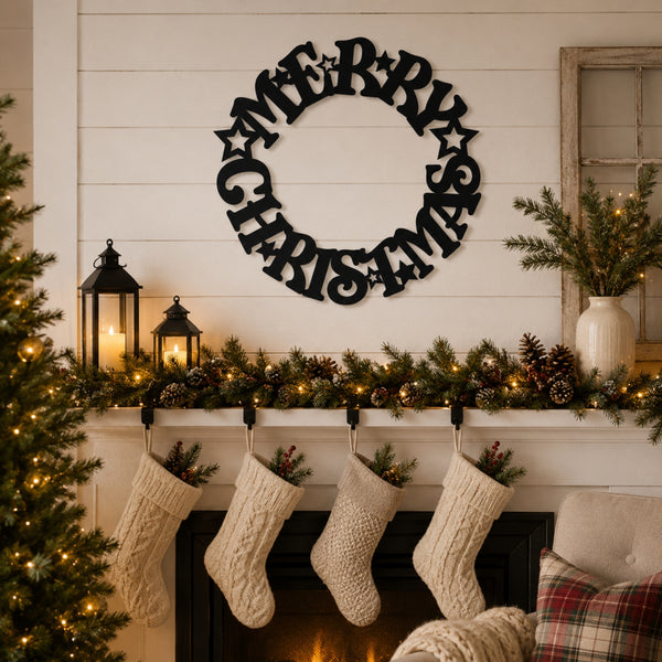 Merry Christmas Wreath Metal Wall Art – Holiday Star Christmas Decor