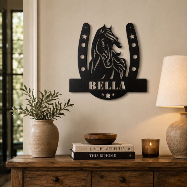 Personalized Horse Name Metal Sign – Horseshoe Equestrian Wall Art