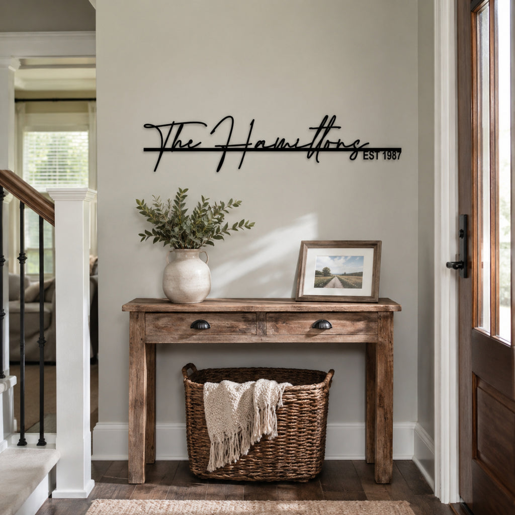 A rustic wooden console table in a bright entryway, styled with a white ceramic vase of greenery, a framed landscape print, and a woven basket with a cream throw underneath. The wall behind features black metal script lettering that reads 'The Hamiltons EST.