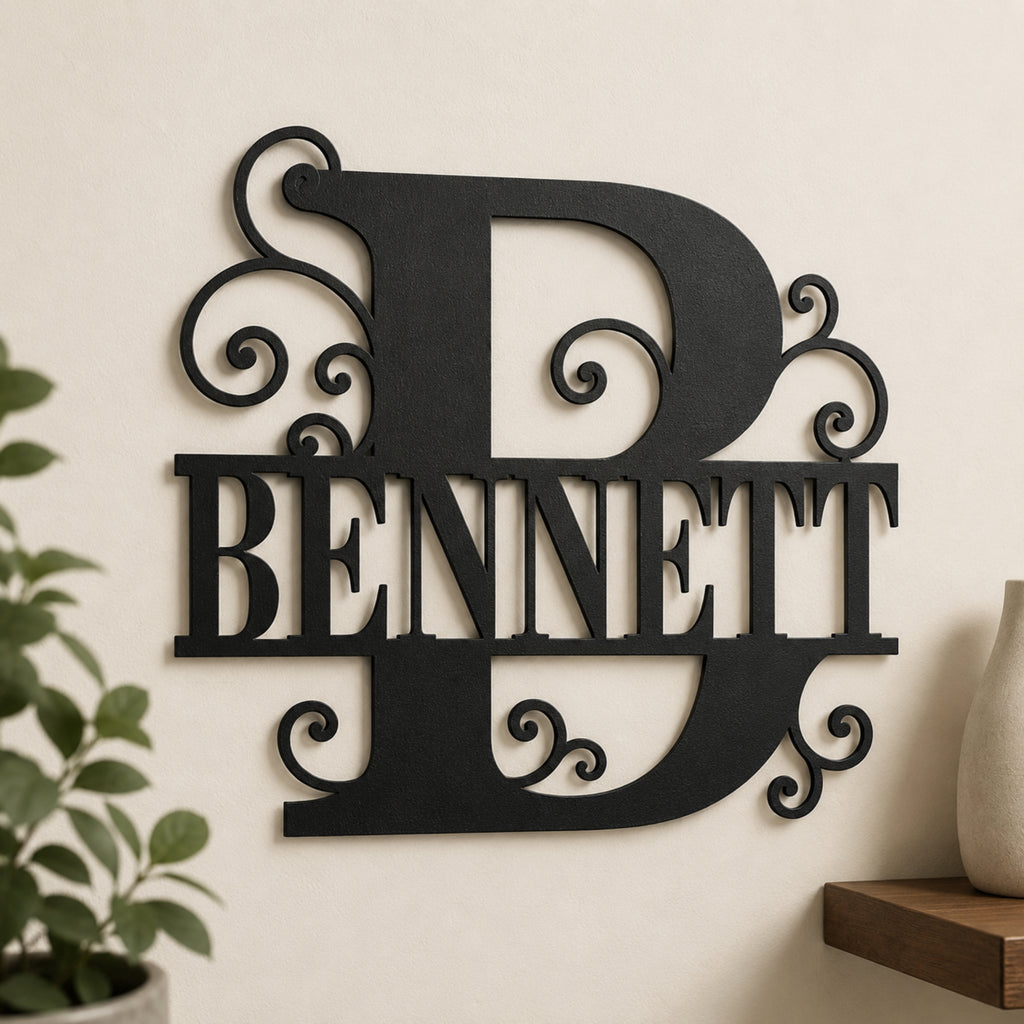 Personalized Scroll Monogram Family Name Sign – Custom Initial Metal Wall Art