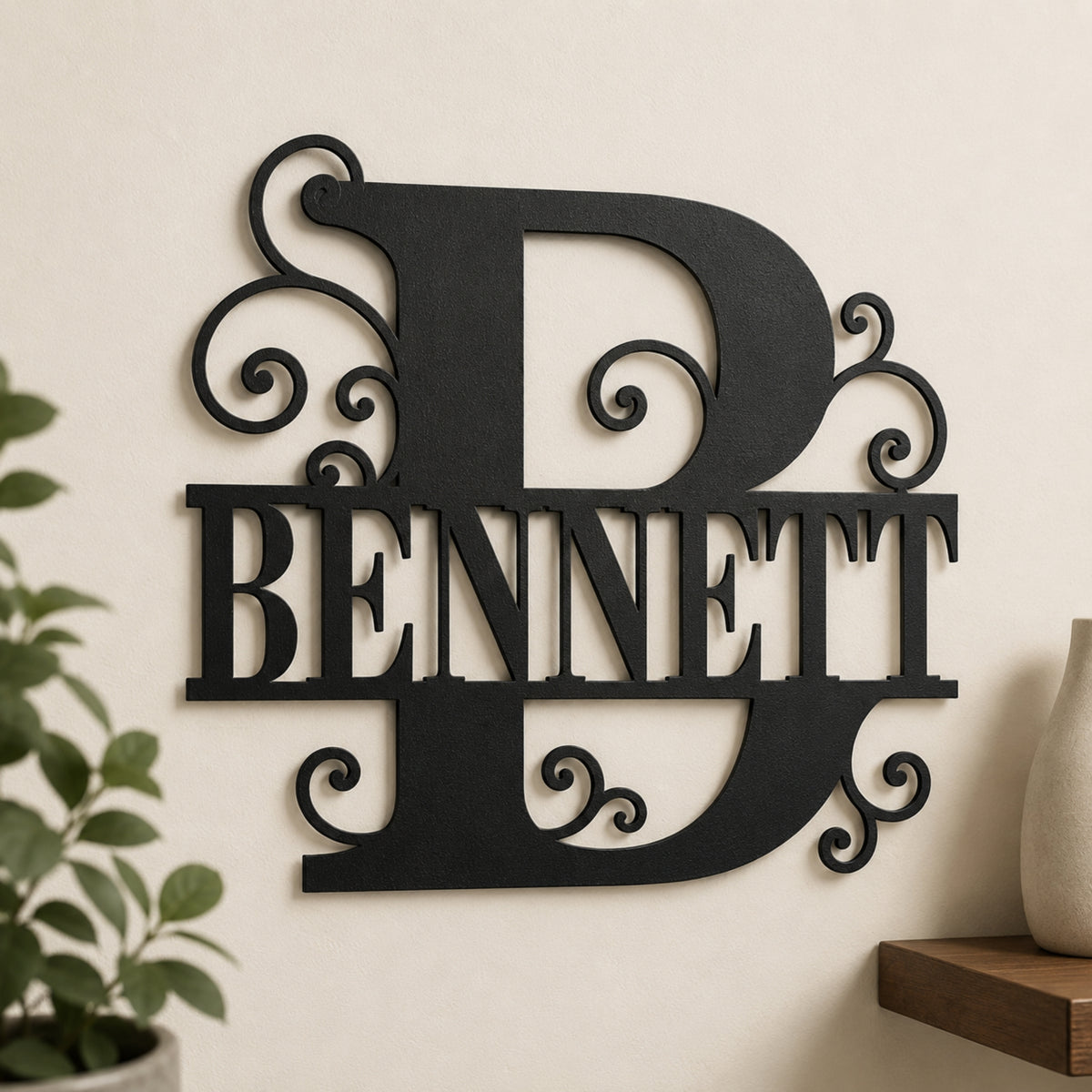 Personalized Scroll Monogram Family Name Sign – Custom Initial Metal Wall Art