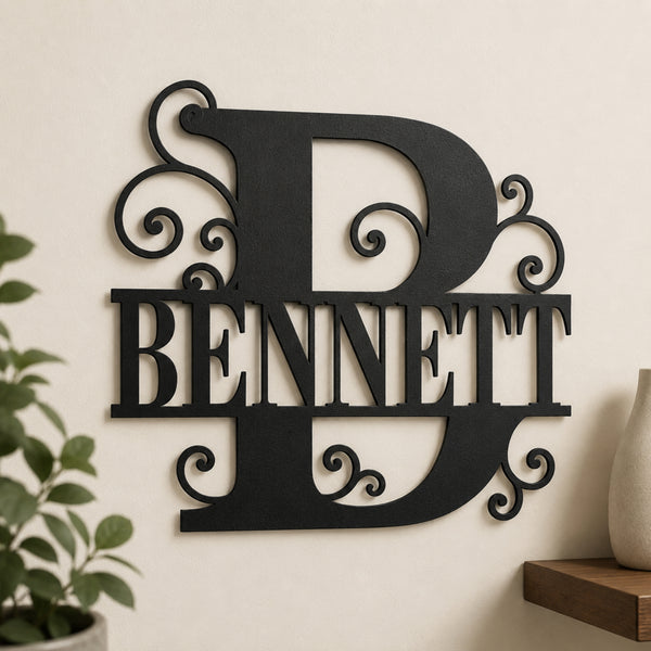 Personalized Scroll Monogram Family Name Sign – Custom Initial Metal Wall Art