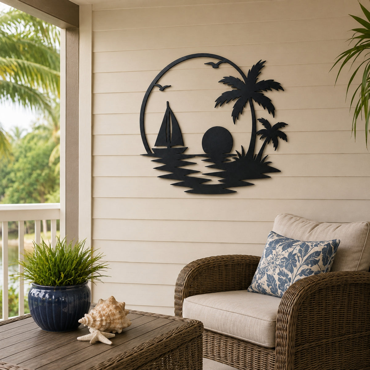 Tropical Sailboat Sunset Metal Wall Art – Palm Tree Coastal Decor