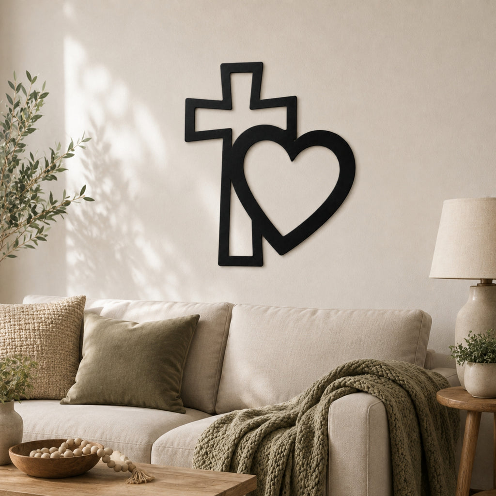 Cross & Heart Metal Wall Art – Christian Faith Love Decor