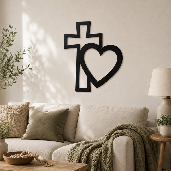 Cross & Heart Metal Wall Art – Christian Faith Love Decor