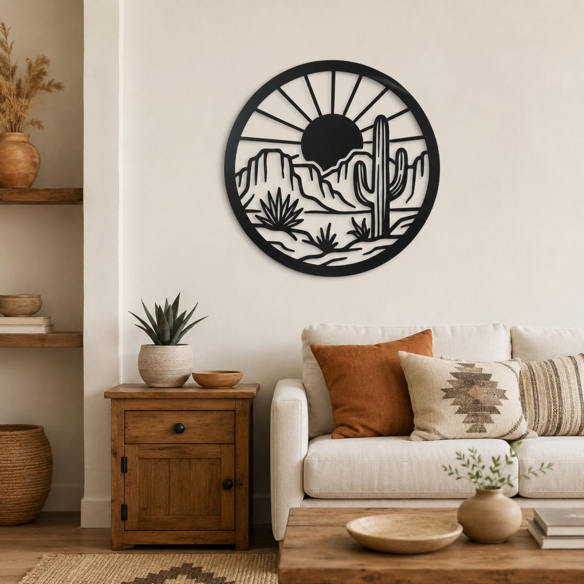 A circular black metal wall art piece featuring a desert landscape with a saguaro cactus, mountains, and a rising sun, displayed on a beige wall above a white sofa in a styled living room.