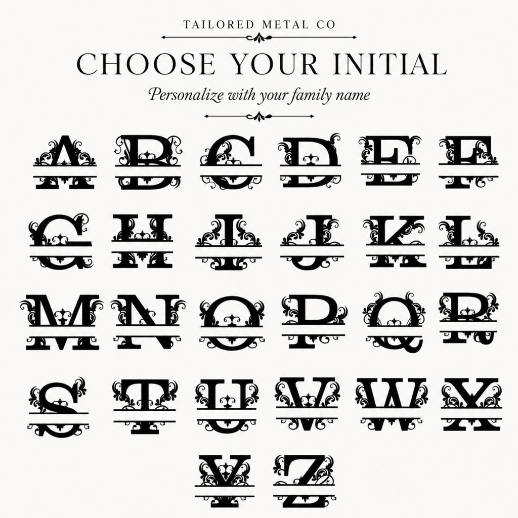 A personalized alphabet font display for metal initial letters, showing A through Z with ornate scrollwork designs. The text at the top reads 'TAILORED METAL CO' and 'CHOOSE YOUR INITIAL' with the subtitle 'Personalize with your family name' on a light gray background.