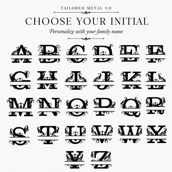 A personalized alphabet font display for metal initial letters, showing A through Z with ornate scrollwork designs. The text at the top reads 'TAILORED METAL CO' and 'CHOOSE YOUR INITIAL' with the subtitle 'Personalize with your family name' on a light gray background.