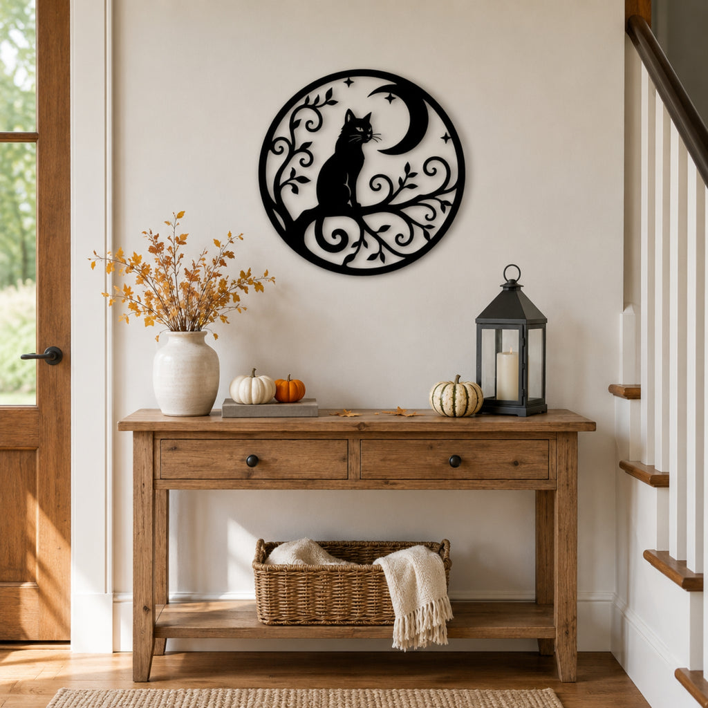A black metal wall art piece featuring a cat silhouette around a crescent moon and scrollwork, mounted on a beige wall above a rustic wooden console table decorated with pumpkins, a lantern, and a vase.