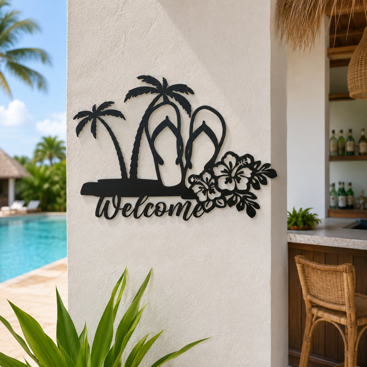 Tropical Welcome Metal Wall Art – Palm Tree & Flip Flop Decor