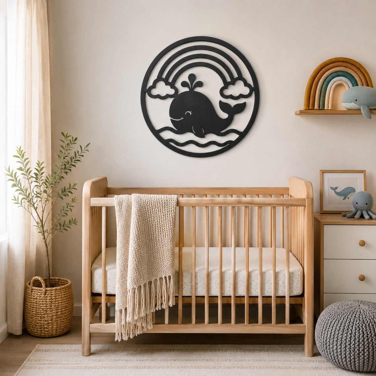 A styled nursery scene featuring a light wood crib with a cream knit blanket, a black whale and rainbow wall art piece, a small white dresser, and a potted plant.