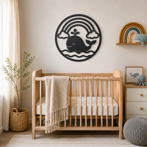 A styled nursery scene featuring a light wood crib with a cream knit blanket, a black whale and rainbow wall art piece, a small white dresser, and a potted plant.