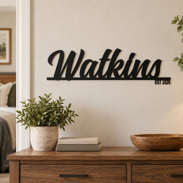 Personalized Family Name Metal Sign with Established Year – Script Surname Wall Art