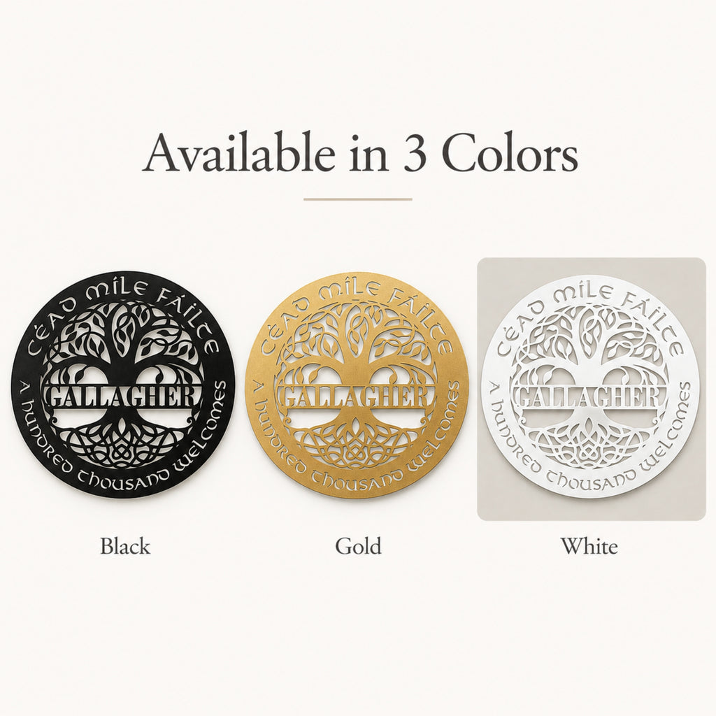 Three circular Palaghir coasters shown in black, gold, and white, with the text 'Available in 3 Colors' above them and color labels below each piece.