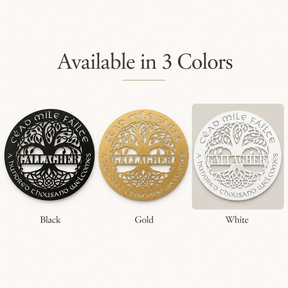Three circular Palaghir coasters shown in black, gold, and white, with the text 'Available in 3 Colors' above them and color labels below each piece.
