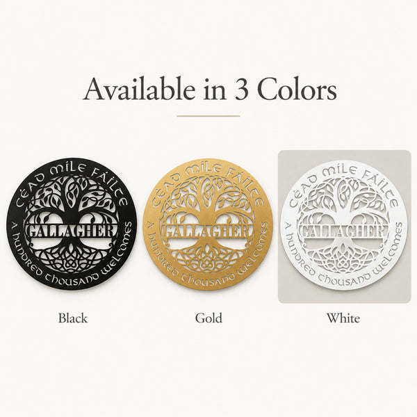 Three circular Palaghir coasters shown in black, gold, and white, with the text 'Available in 3 Colors' above them and color labels below each piece.