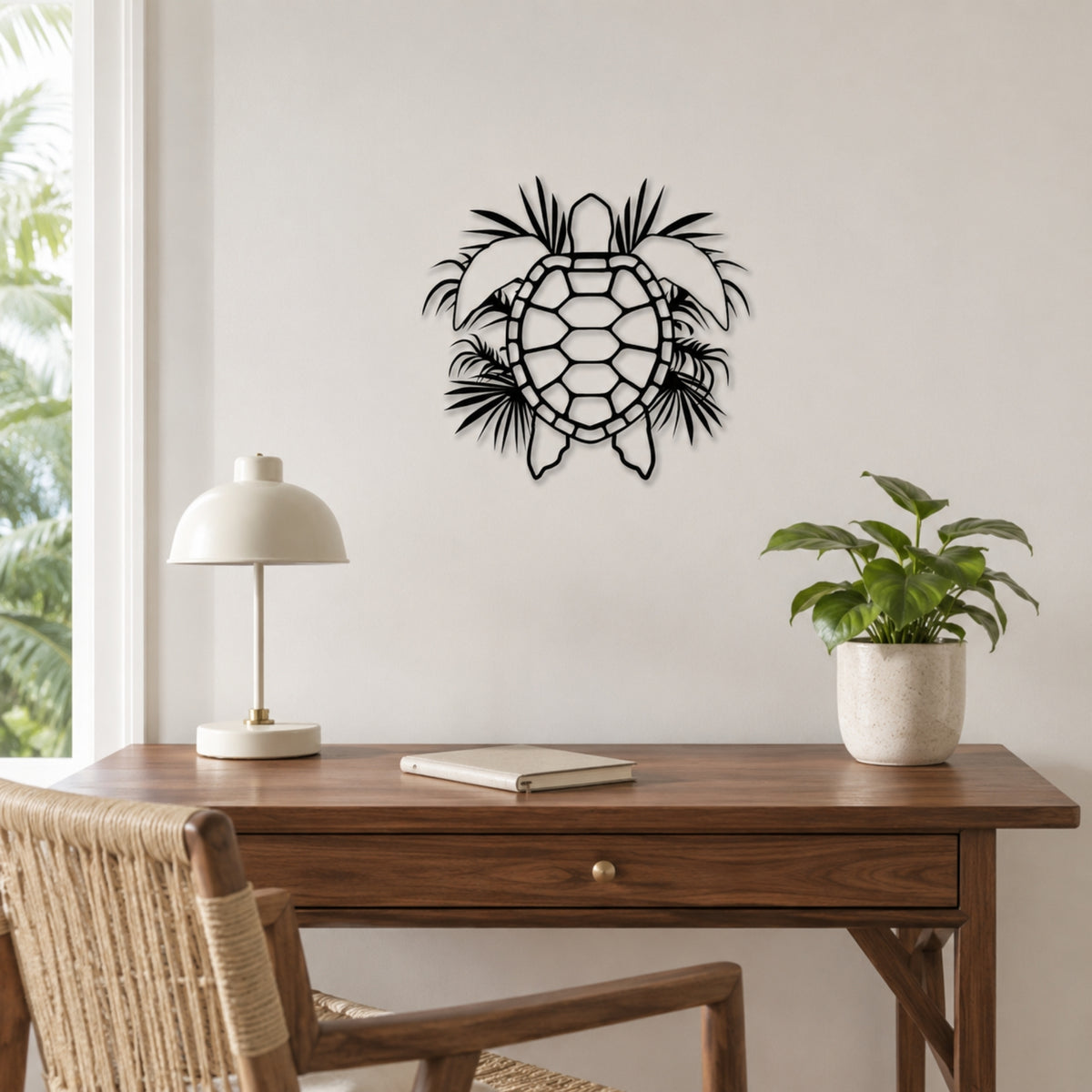 Tropical sea turtle metal wall art with palm leaves in matte black steel Main image