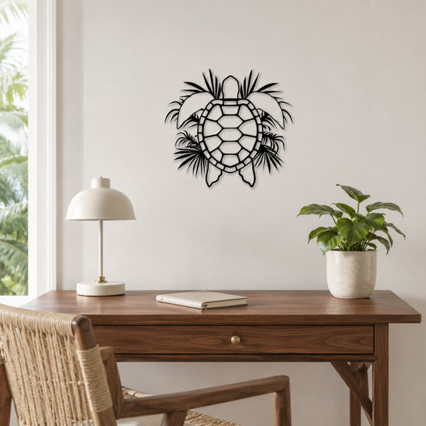 Tropical sea turtle metal wall art with palm leaves in matte black steel