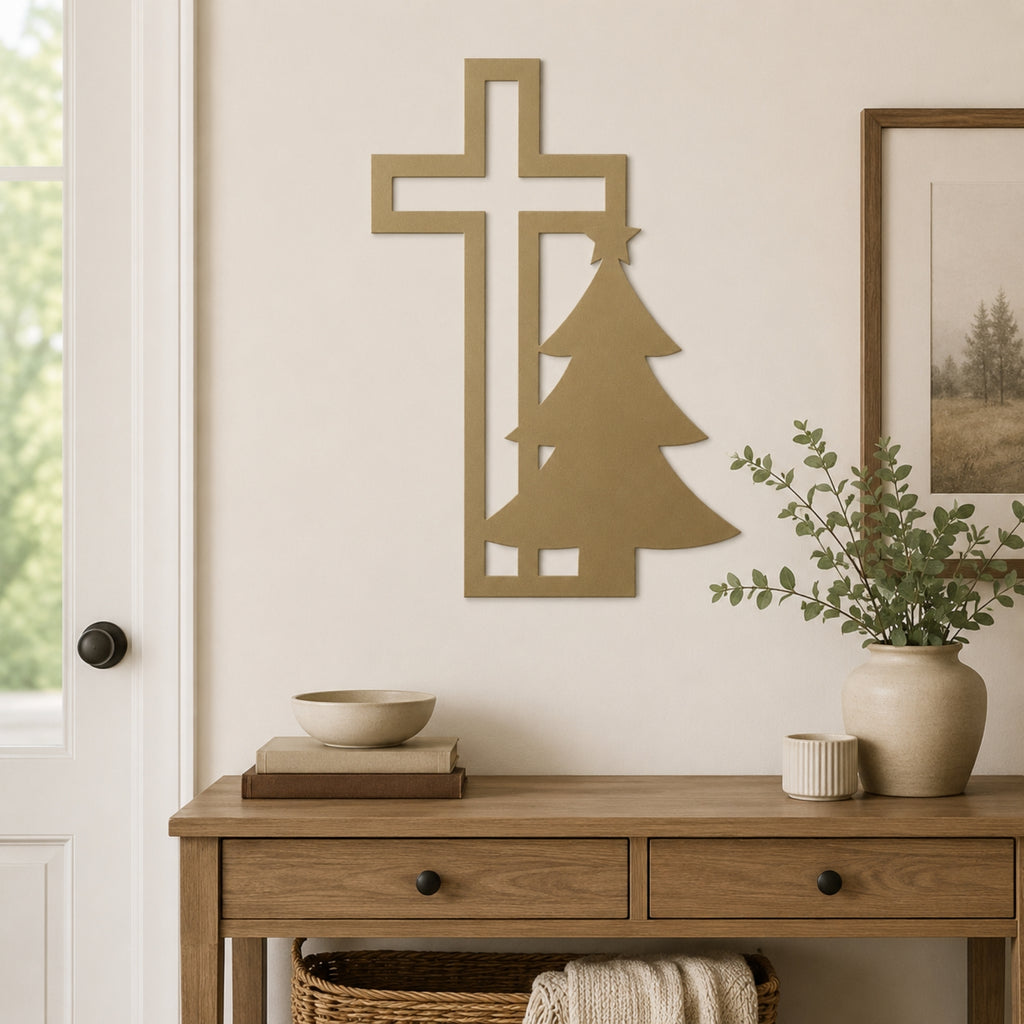 Christian Cross & Christmas Tree Metal Wall Art – Holiday Faith Decor