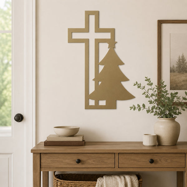 Christian Cross & Christmas Tree Metal Wall Art – Holiday Faith Decor