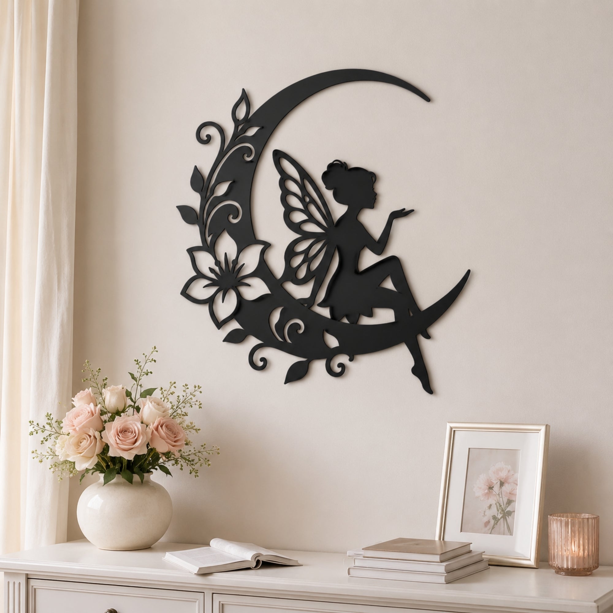 Fairy on Crescent Moon Metal Wall Art – Floral Fairy Wall Decor Secondary image
