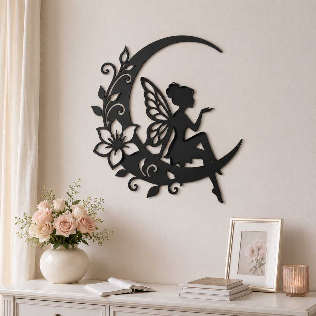 Fairy on Crescent Moon Metal Wall Art – Floral Fairy Wall Decor