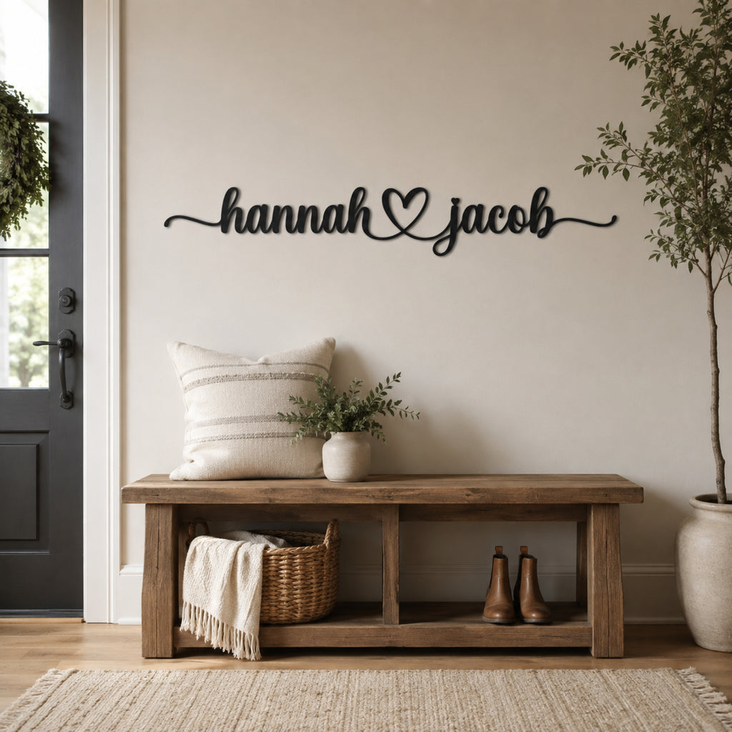 Personalized Couple Name Metal Sign with Heart – Romantic Script with Flourish Tails