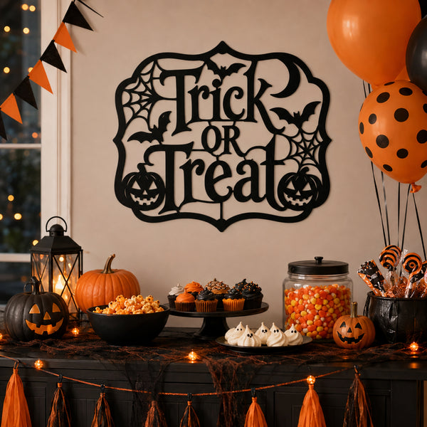 A black metal 'Trick or Treat' wall sign with bats and spiderweb details, displayed on a beige wall above a Halloween decorated table with pumpkins, candy, balloons, and lanterns.