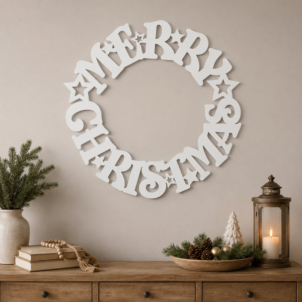 Merry Christmas Wreath Metal Wall Art – Holiday Star Christmas Decor