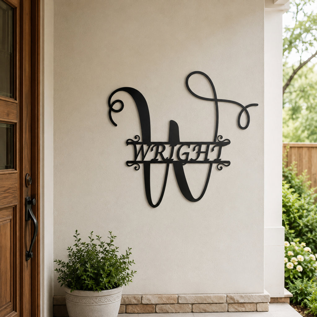 Personalized Script Monogram Family Name Sign – Custom Initial Metal Wall Art