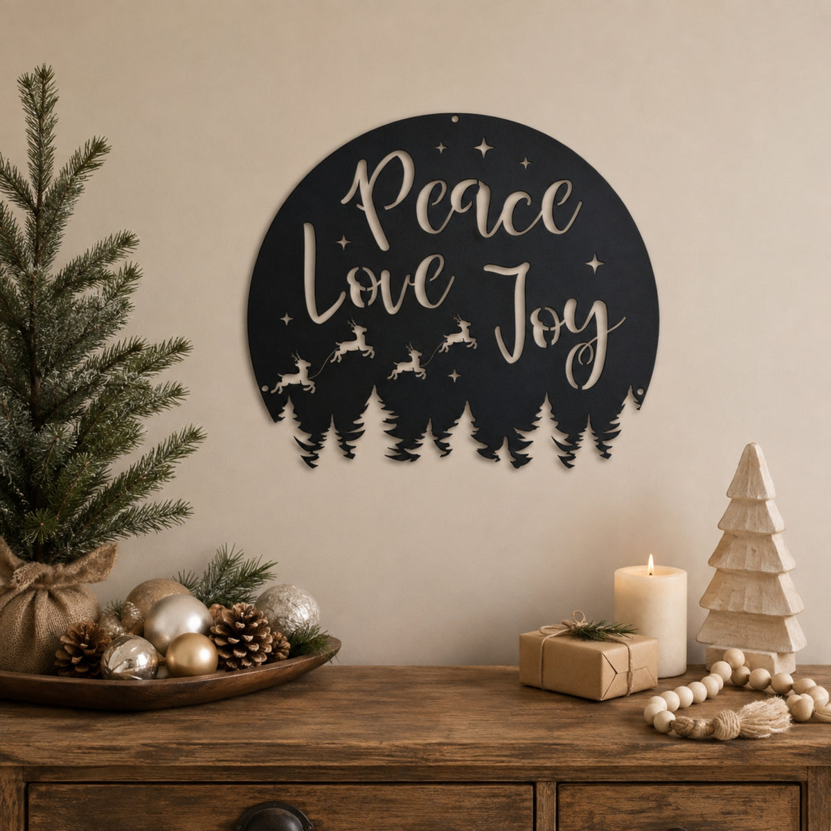 Peace Love Joy Christmas Metal Wall Art – Reindeer & Pine Tree Holiday Sign