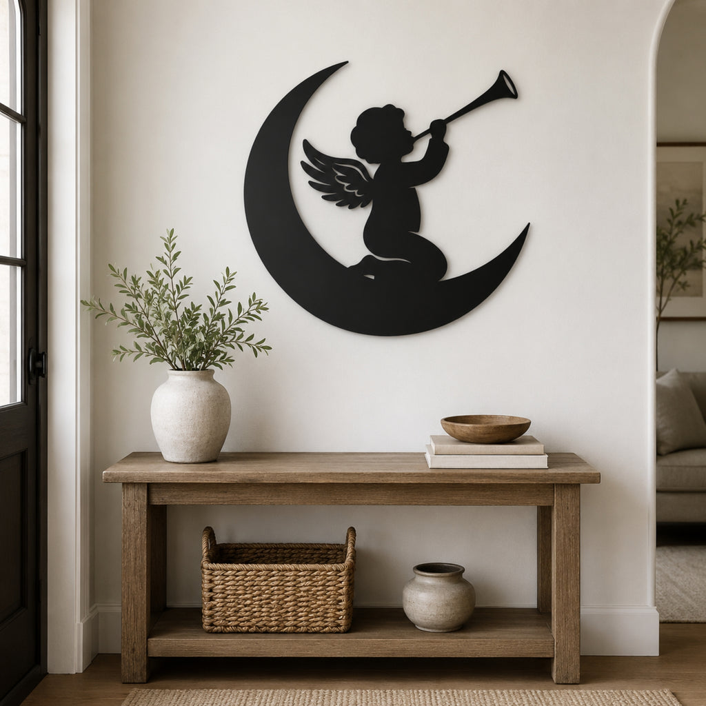 Angel on Moon Metal Wall Art – Celestial Nursery Decor