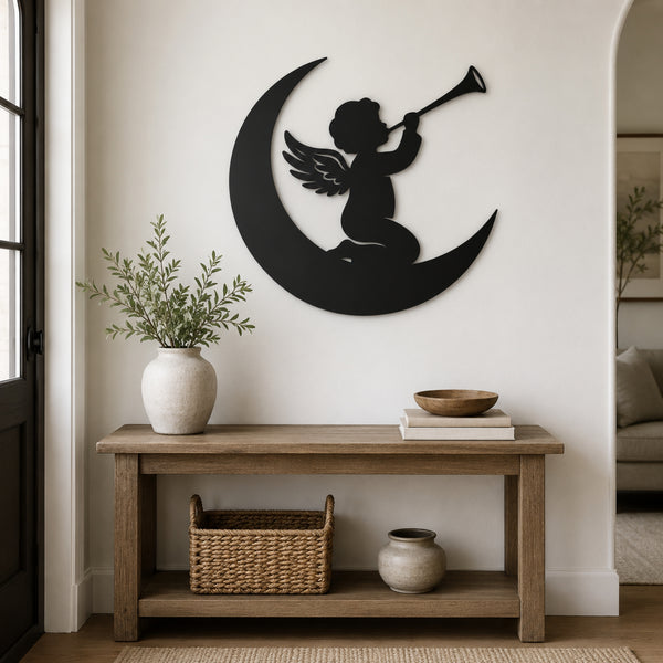 Angel on Moon Metal Wall Art – Celestial Nursery Decor