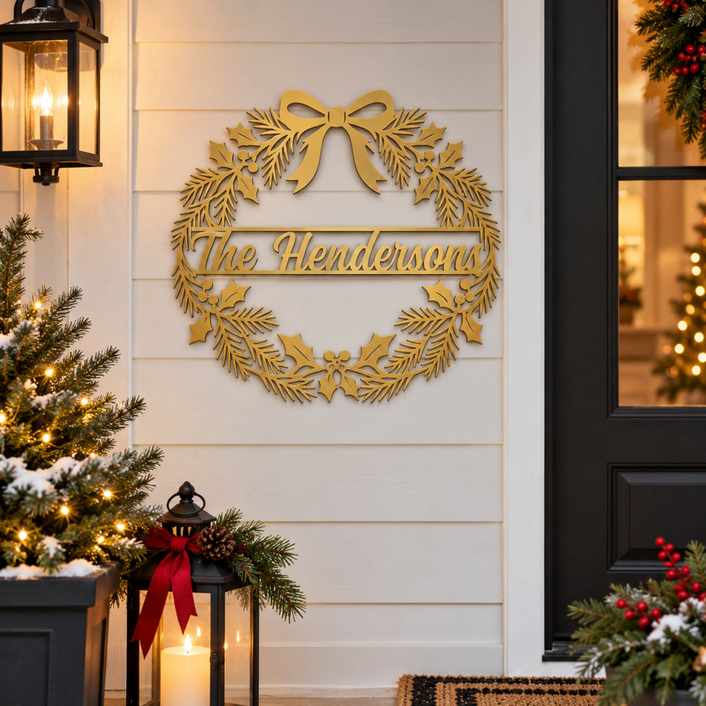 Personalized Christmas Wreath Metal Sign – Custom Family Name Holiday Decor