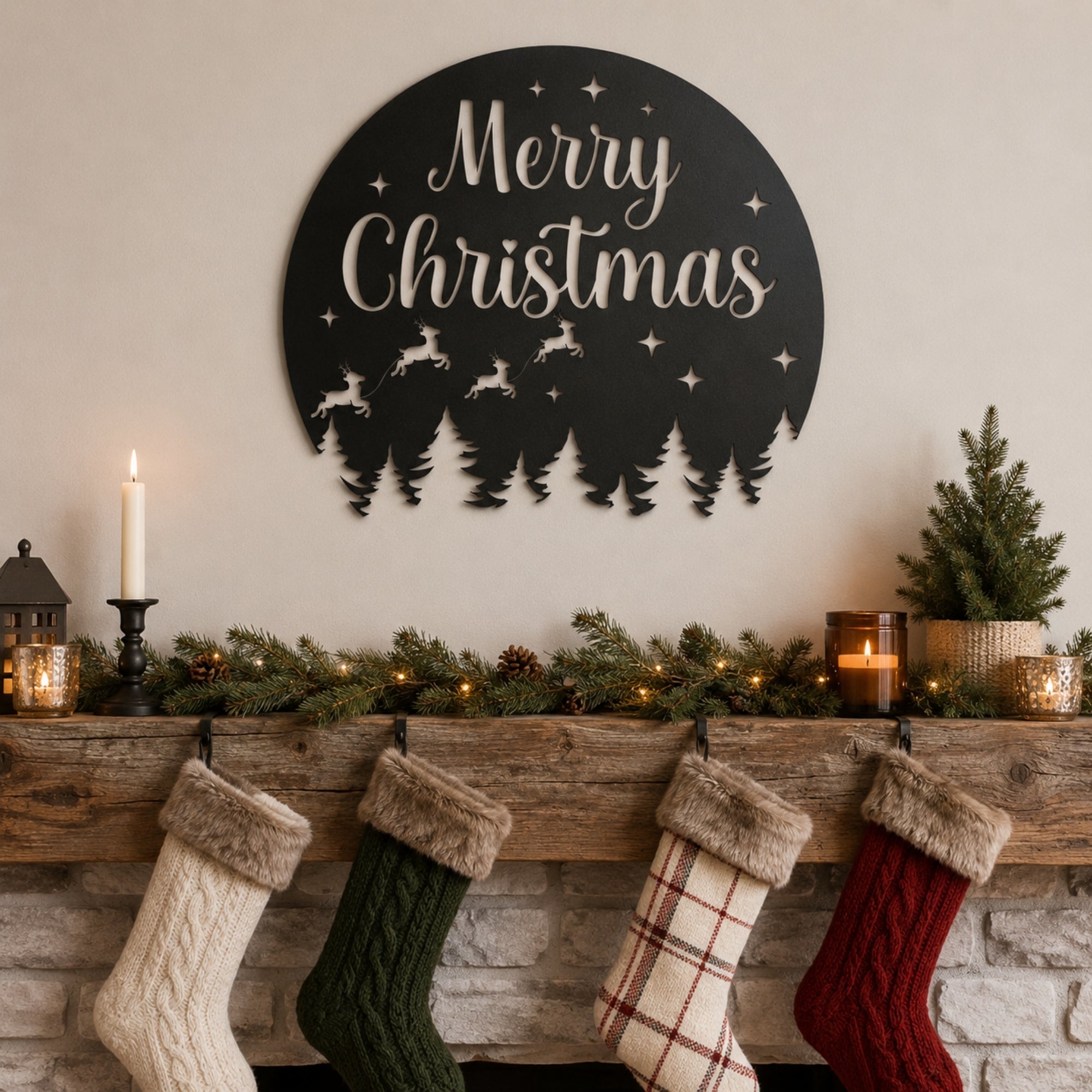 Merry Christmas Metal Wall Art – Reindeer & Pine Tree Holiday Sign Secondary image