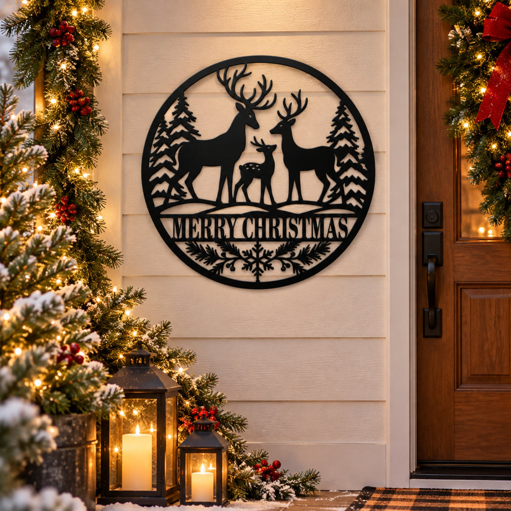 Personalized Deer Family Christmas Metal Sign – Custom Last Name Holiday Decor