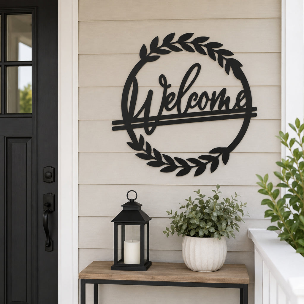 Welcome Wreath Metal Wall Art – Entryway & Porch Welcome Sign