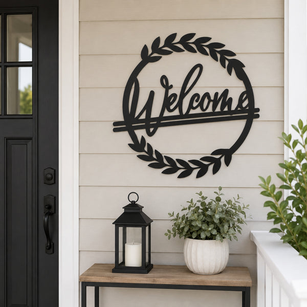 Welcome Wreath Metal Wall Art – Entryway & Porch Welcome Sign