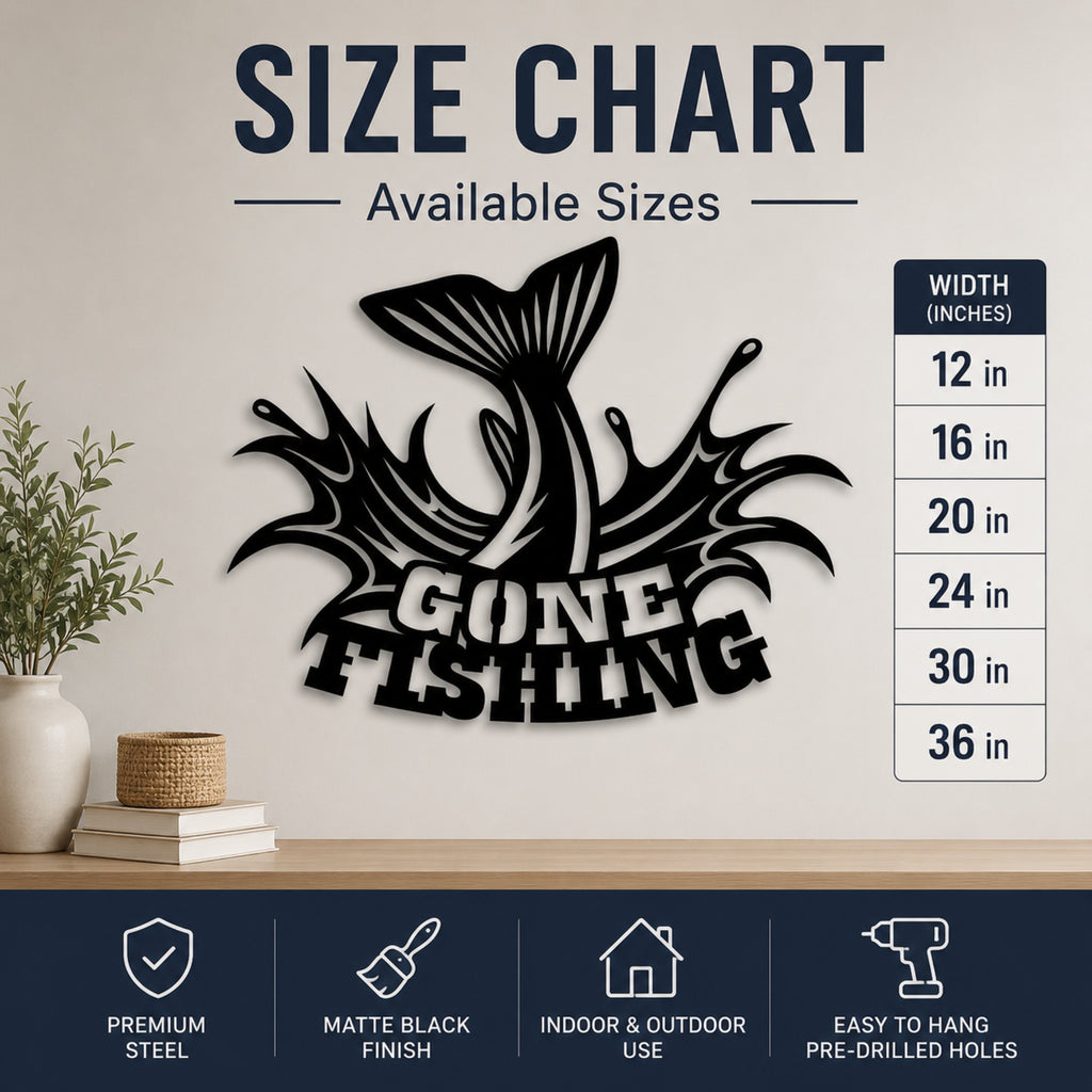A size chart graphic for a wall art sign featuring a black fish tail and the words “GONE FISHING,” with available width options listed on the right and product feature icons along the bottom.