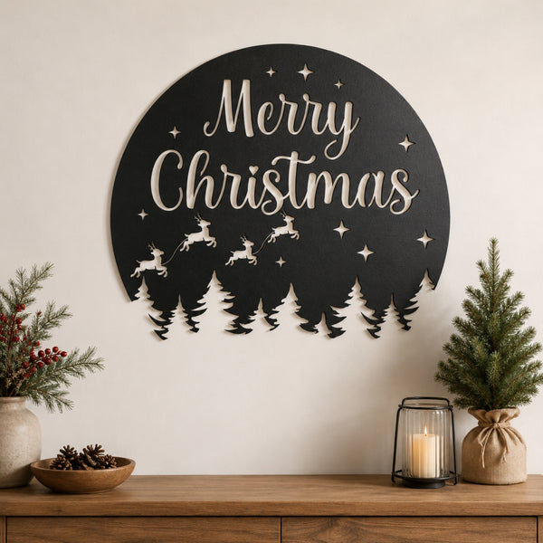 Merry Christmas Metal Wall Art – Reindeer & Pine Tree Holiday Sign