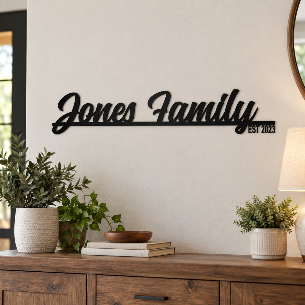 Personalized Family Name Metal Sign with Established Year – Script Surname Wall Art