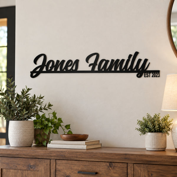 Personalized Family Name Metal Sign with Established Year – Script Surname Wall Art