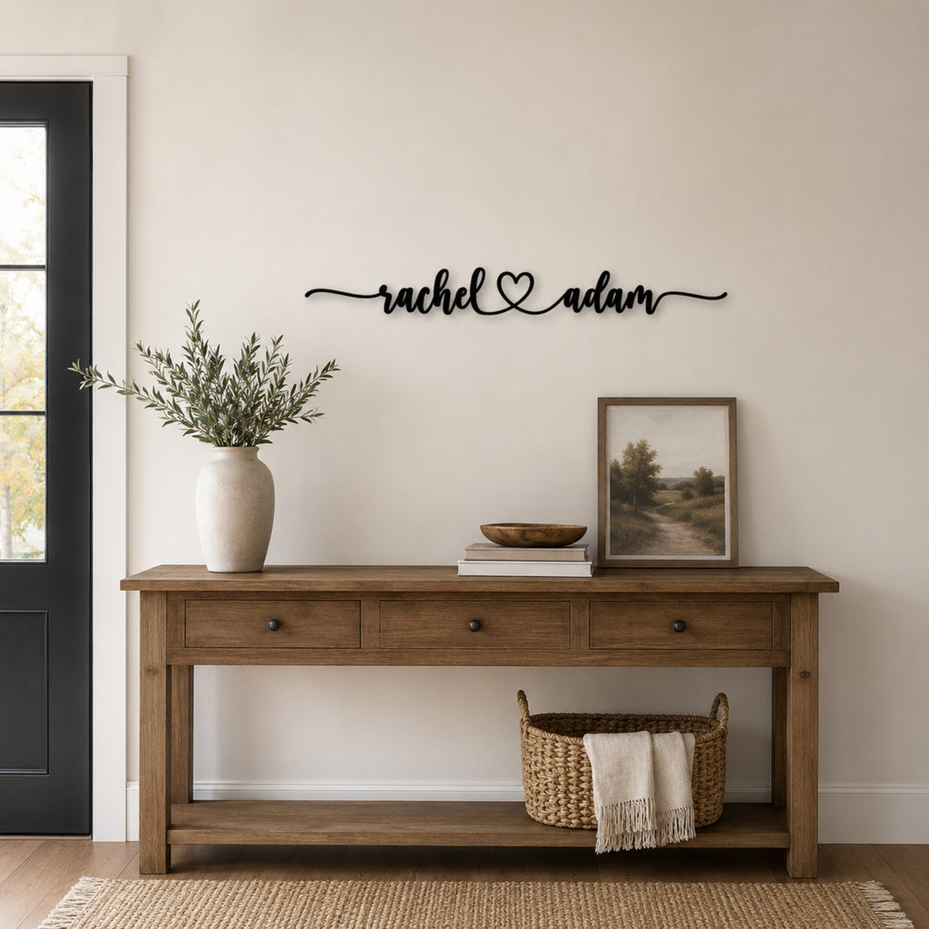 Personalized Couple Name Metal Sign with Heart – Extended Flourish Script
