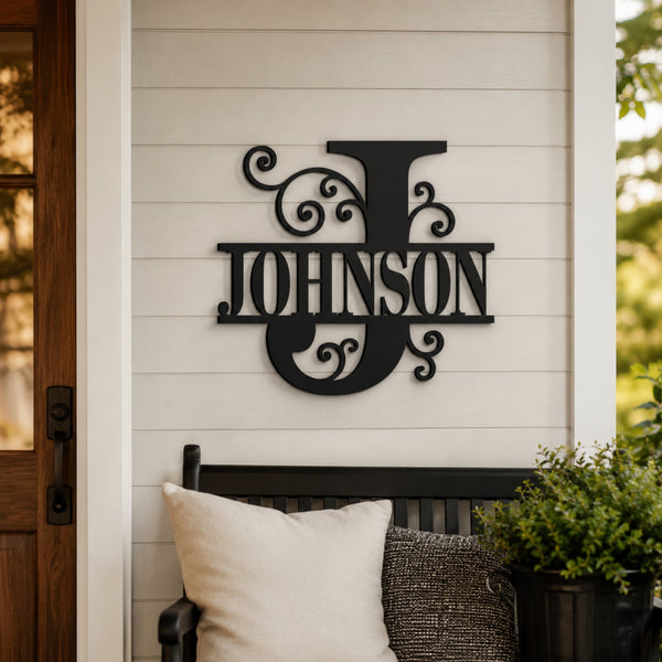 Personalized Scroll Monogram Family Name Sign – Custom Initial Metal Wall Art